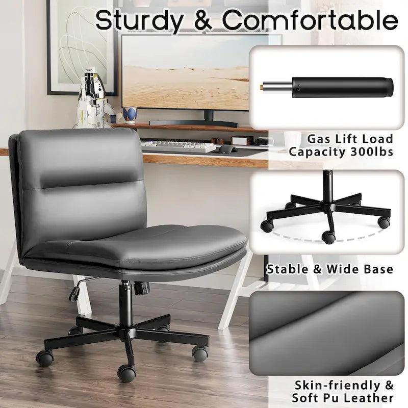 Chaise Bossin à assise croisée avec roulettes, chaise de bureau sans accoudoirs en cuir PU, chaise de coiffeuse à assise large et réglable