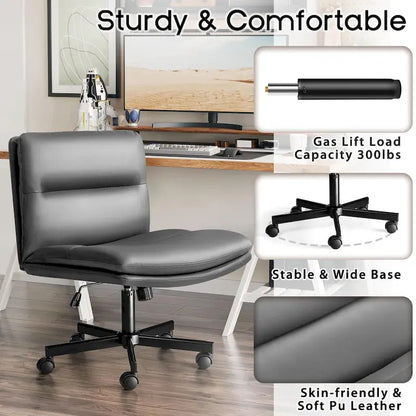 Chaise Bossin à assise croisée avec roulettes, chaise de bureau sans accoudoirs en cuir PU, chaise de coiffeuse à assise large et réglable
