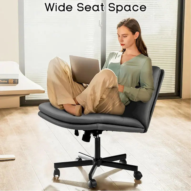 Chaise Bossin à assise croisée avec roulettes, chaise de bureau sans accoudoirs en cuir PU, chaise de coiffeuse à assise large et réglable