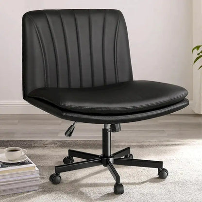 Chaise Bossin à assise croisée avec roulettes, chaise de bureau sans accoudoirs en cuir PU, chaise de coiffeuse à assise large et réglable