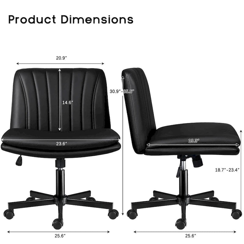 Chaise Bossin à assise croisée avec roulettes, chaise de bureau sans accoudoirs en cuir PU, chaise de coiffeuse à assise large et réglable