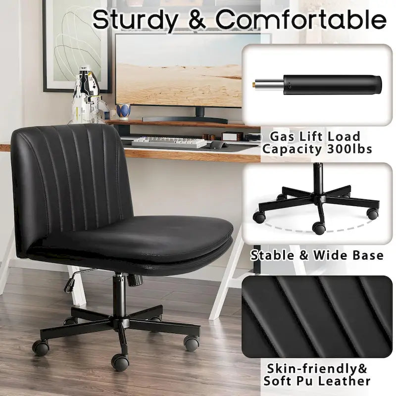 Chaise Bossin à assise croisée avec roulettes, chaise de bureau sans accoudoirs en cuir PU, chaise de coiffeuse à assise large et réglable