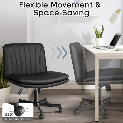 Chaise Bossin à assise croisée avec roulettes, chaise de bureau sans accoudoirs en cuir PU, chaise de coiffeuse à assise large et réglable