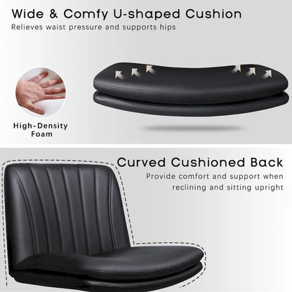 Chaise Bossin à assise croisée avec roulettes, chaise de bureau sans accoudoirs en cuir PU, chaise de coiffeuse à assise large et réglable