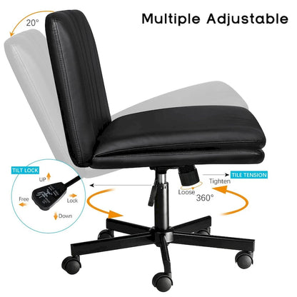 Chaise Bossin à assise croisée avec roulettes, chaise de bureau sans accoudoirs en cuir PU, chaise de coiffeuse à assise large et réglable