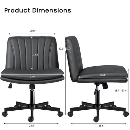 Chaise Bossin à assise croisée avec roulettes, chaise de bureau sans accoudoirs en cuir PU, chaise de coiffeuse à assise large et réglable