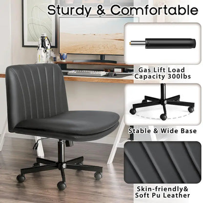 Chaise Bossin à assise croisée avec roulettes, chaise de bureau sans accoudoirs en cuir PU, chaise de coiffeuse à assise large et réglable