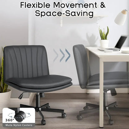 Chaise Bossin à assise croisée avec roulettes, chaise de bureau sans accoudoirs en cuir PU, chaise de coiffeuse à assise large et réglable