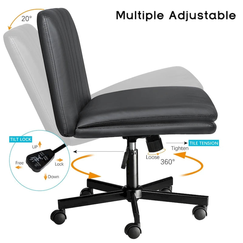 Chaise Bossin à assise croisée avec roulettes, chaise de bureau sans accoudoirs en cuir PU, chaise de coiffeuse à assise large et réglable