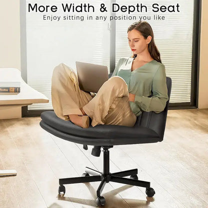 Chaise Bossin à assise croisée avec roulettes, chaise de bureau sans accoudoirs en cuir PU, chaise de coiffeuse à assise large et réglable