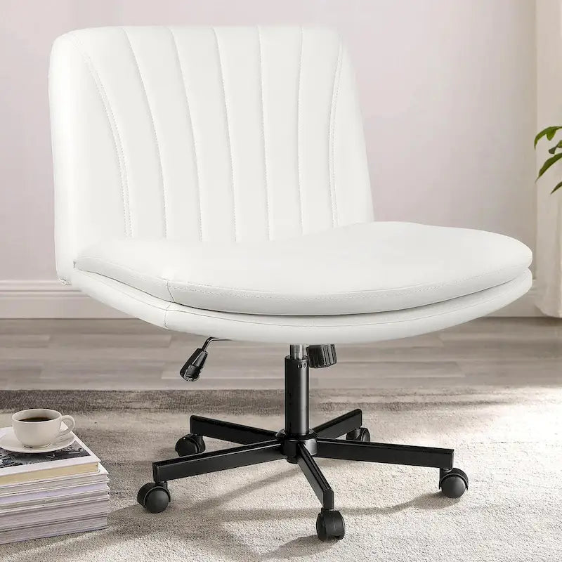 Chaise Bossin à assise croisée avec roulettes, chaise de bureau sans accoudoirs en cuir PU, chaise de coiffeuse à assise large et réglable
