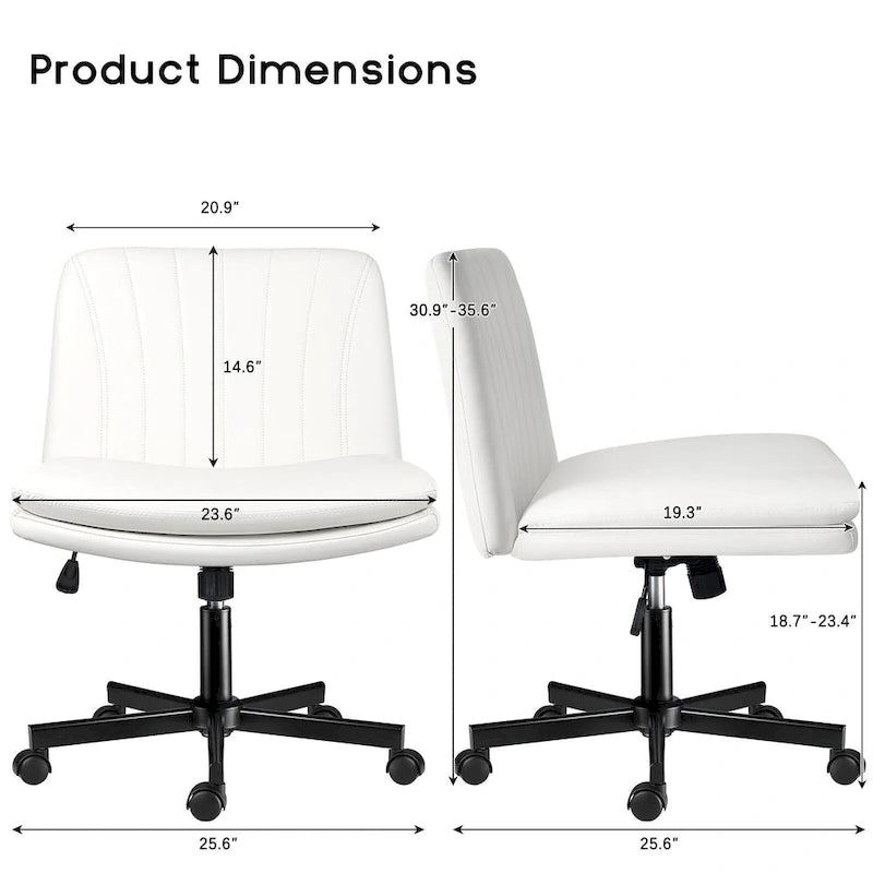 Chaise Bossin à assise croisée avec roulettes, chaise de bureau sans accoudoirs en cuir PU, chaise de coiffeuse à assise large et réglable