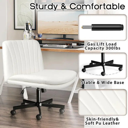 Chaise Bossin à assise croisée avec roulettes, chaise de bureau sans accoudoirs en cuir PU, chaise de coiffeuse à assise large et réglable