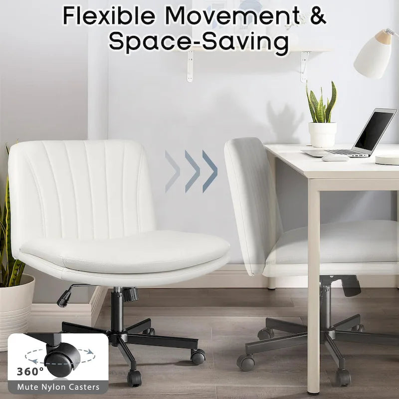 Chaise Bossin à assise croisée avec roulettes, chaise de bureau sans accoudoirs en cuir PU, chaise de coiffeuse à assise large et réglable