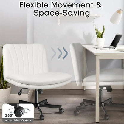 Chaise Bossin à assise croisée avec roulettes, chaise de bureau sans accoudoirs en cuir PU, chaise de coiffeuse à assise large et réglable