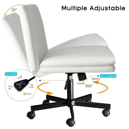 Chaise Bossin à assise croisée avec roulettes, chaise de bureau sans accoudoirs en cuir PU, chaise de coiffeuse à assise large et réglable