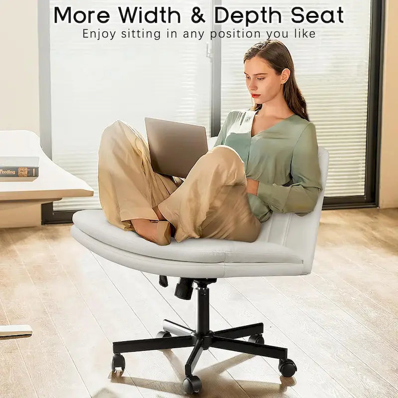 Chaise Bossin à assise croisée avec roulettes, chaise de bureau sans accoudoirs en cuir PU, chaise de coiffeuse à assise large et réglable