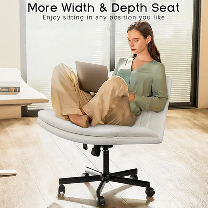 Chaise Bossin à assise croisée avec roulettes, chaise de bureau sans accoudoirs en cuir PU, chaise de coiffeuse à assise large et réglable