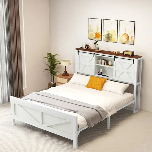 Moasis Farmhouse White Queen/King Size Bed Frame