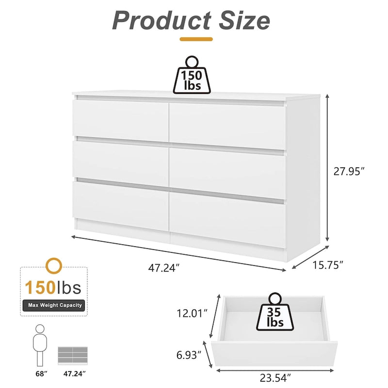 Commode double en bois à 6 tiroirs, 120 cm de large, grand meuble de rangement, commode, meuble TV