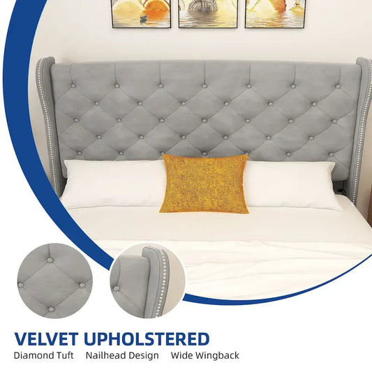 Cadre de lit plateforme Moasis King en velours capitonné avec tête et pied de lit