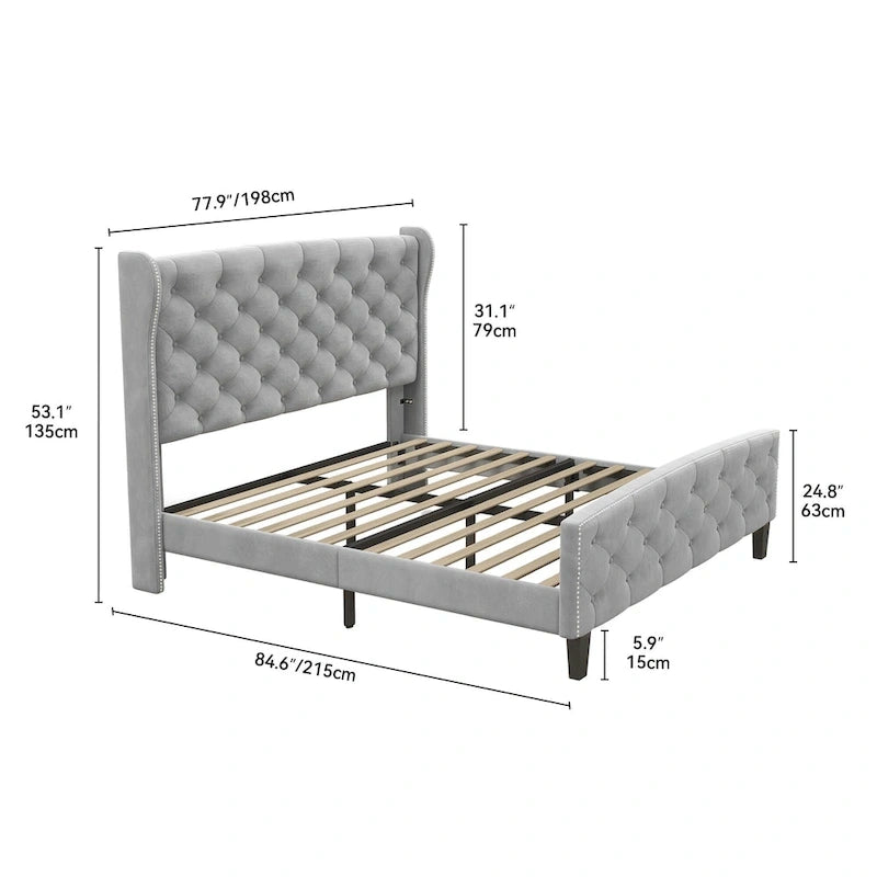 Cadre de lit plateforme Moasis King en velours capitonné avec tête et pied de lit
