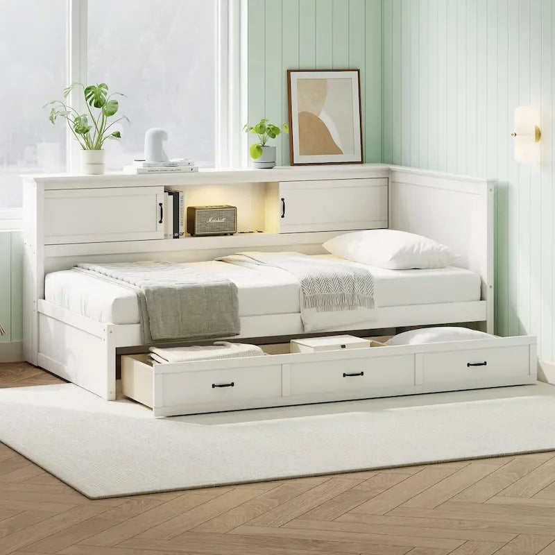 Cadre de lit d'angle moderne en forme de L avec tiroir, bibliothèque, éclairage LED intégré et port USB