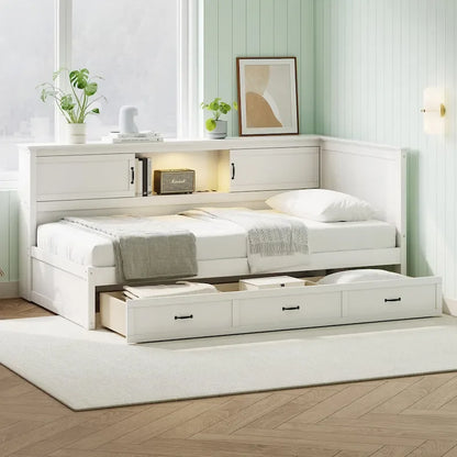 Cadre de lit d'angle moderne en forme de L avec tiroir, bibliothèque, éclairage LED intégré et port USB