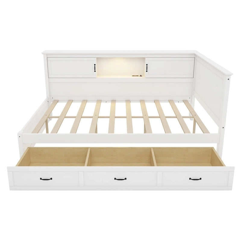 Cadre de lit d'angle moderne en forme de L avec tiroir, bibliothèque, éclairage LED intégré et port USB