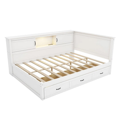 Cadre de lit d'angle moderne en forme de L avec tiroir, bibliothèque, éclairage LED intégré et port USB