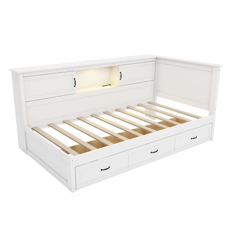 Cadre de lit d'angle moderne en forme de L avec tiroir, bibliothèque, éclairage LED intégré et port USB