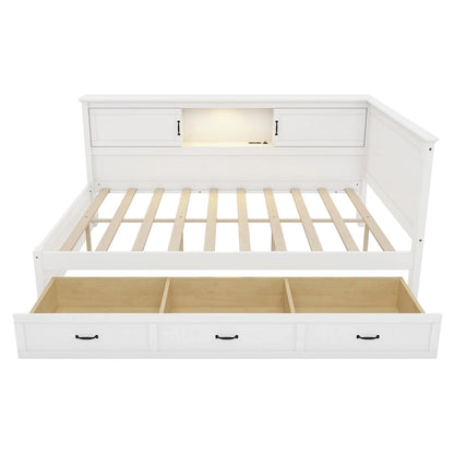 Cadre de lit d'angle moderne en forme de L avec tiroir, bibliothèque, éclairage LED intégré et port USB