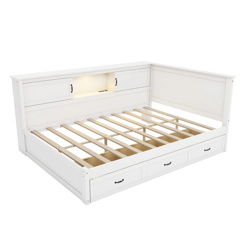 Cadre de lit d'angle moderne en forme de L avec tiroir, bibliothèque, éclairage LED intégré et port USB
