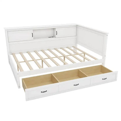 Cadre de lit d'angle moderne en forme de L avec tiroir, bibliothèque, éclairage LED intégré et port USB