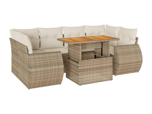 Ensemble de mobilier de jardin 7 pièces avec coussins, en résine tressée beige
