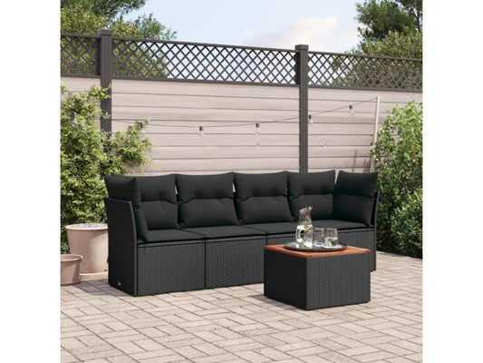 Ensemble de mobilier de jardin 5 pièces avec coussins, en résine tressée noire.