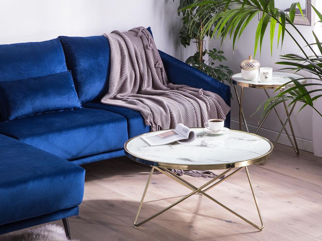 Table basse à plateau effet marbre, blanche