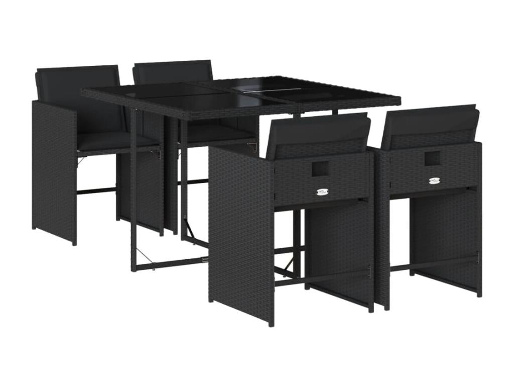 Ensemble de mobilier de jardin 5 pièces avec coussins, en résine tressée noire.
