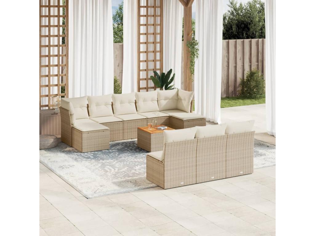 Ensemble de mobilier de jardin 11 pièces avec coussins, en résine tressée beige