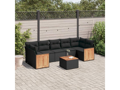Ensemble de mobilier de jardin 8 pièces avec coussins, en résine tressée noire.
