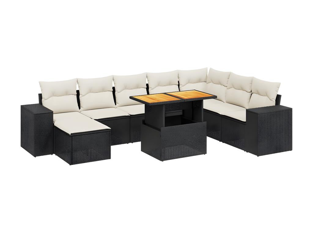 Ensemble de mobilier de jardin 9 pièces avec coussins, en résine tressée noire.