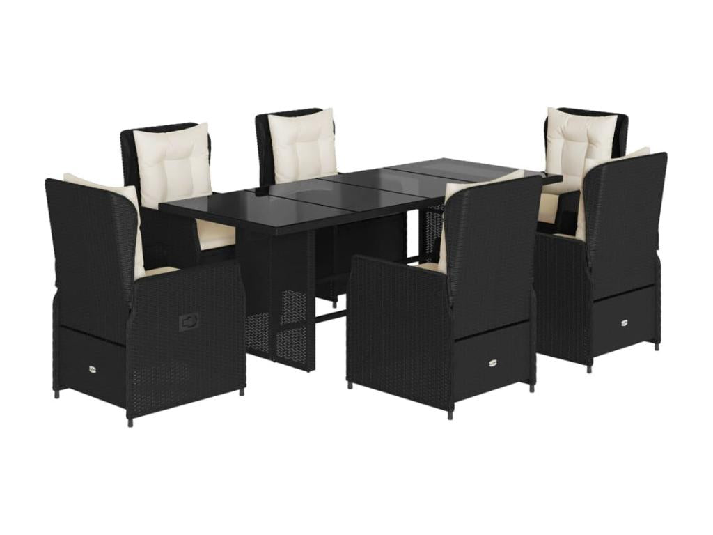 Ensemble de mobilier de jardin 7 pièces avec coussins, en résine tressée noire.