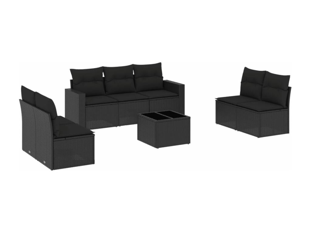 Ensemble de mobilier de jardin 8 pièces avec coussins, en résine tressée noire.