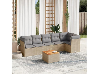 Ensemble de mobilier de jardin 7 pièces avec coussins, en résine tressée beige