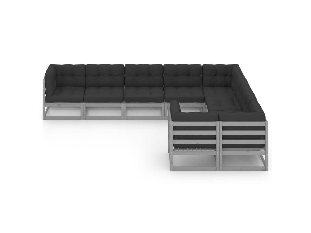 Ensemble de mobilier de jardin 9 pièces avec coussins, en pin massif gris