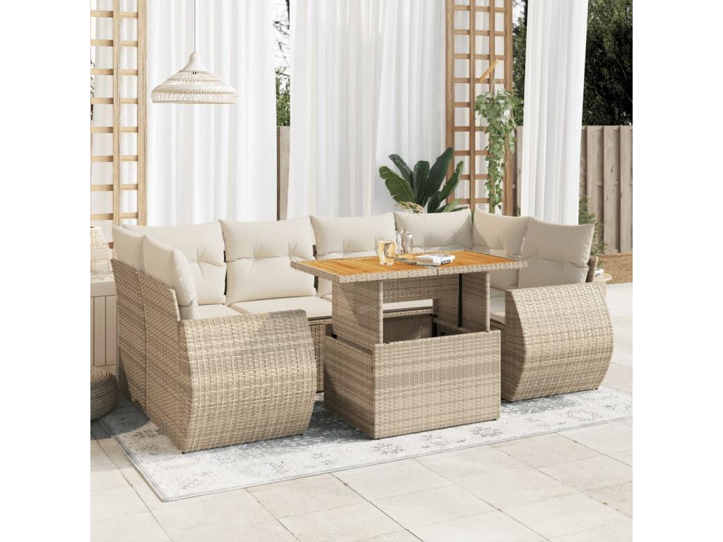 Ensemble de mobilier de jardin 7 pièces avec coussins, en résine tressée beige