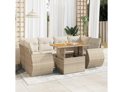 Ensemble de mobilier de jardin 7 pièces avec coussins, en résine tressée beige