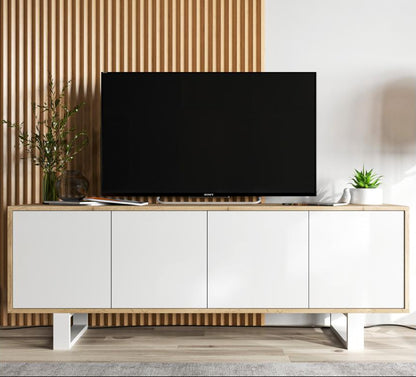 Meuble TV 4 portes en bois imitation chêne, 150 cm, blanc