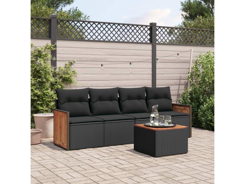 Ensemble de mobilier de jardin 5 pièces avec coussins, en résine tressée noire.