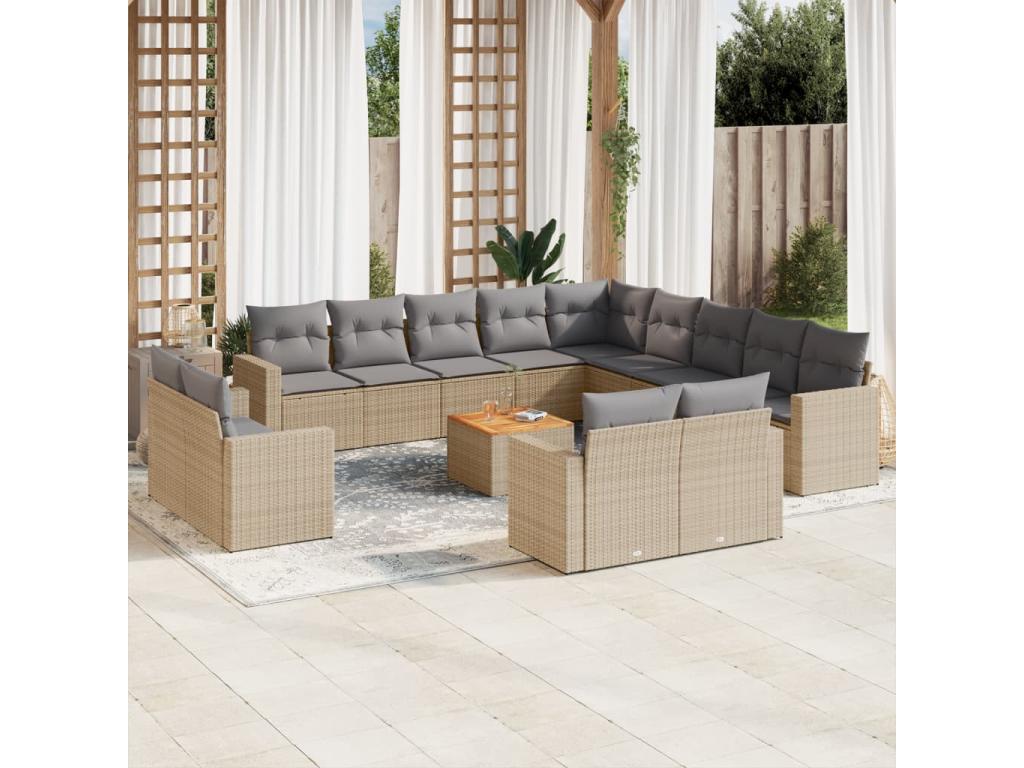 Ensemble de mobilier de jardin 14 pièces avec coussins, en résine tressée beige